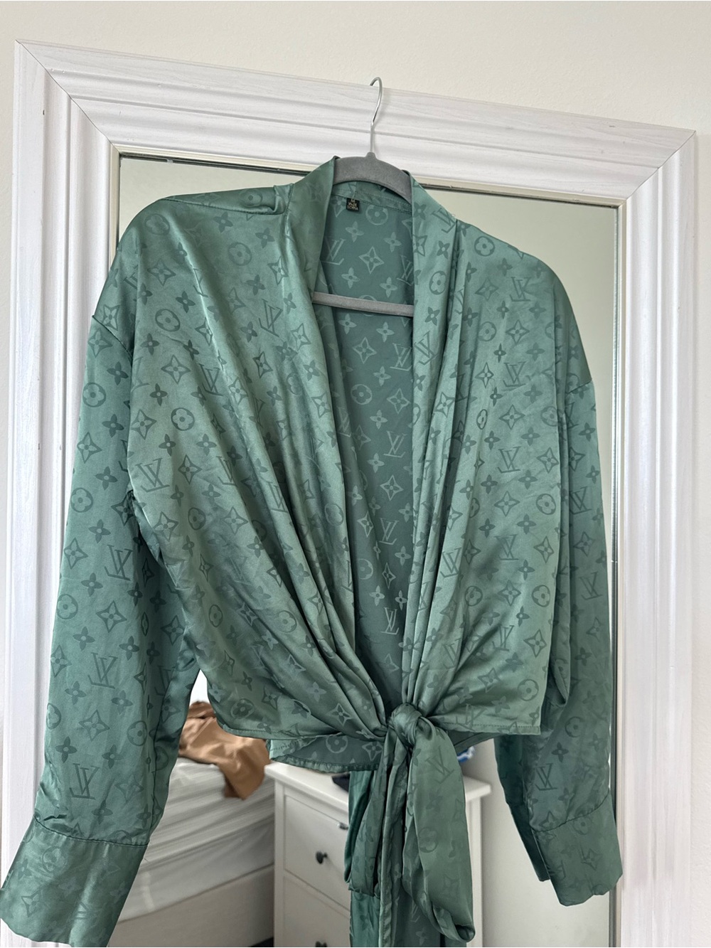Luxury Satin Tie-Front Shirt in Sage Green Size M